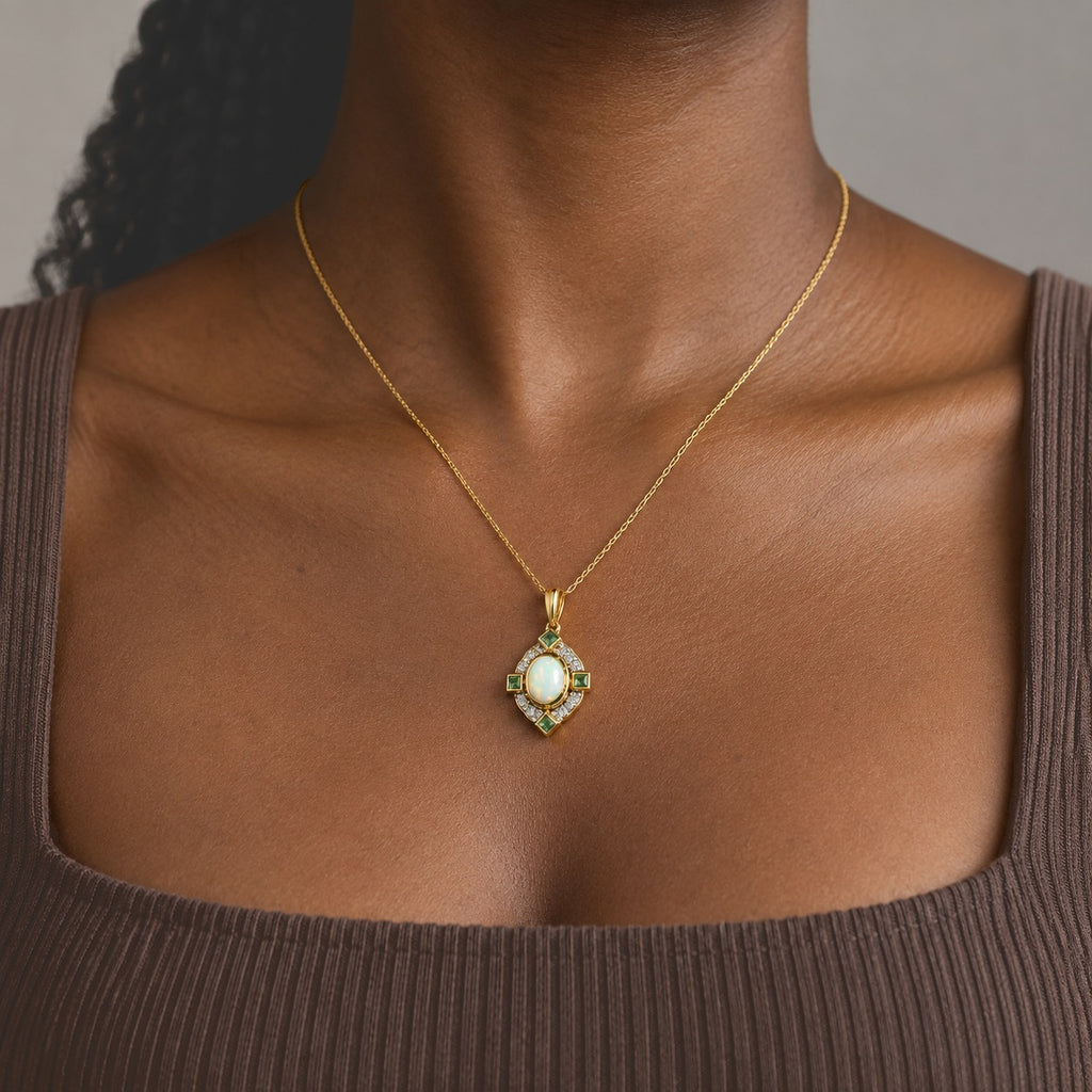 Ethiopian Opal,  White Zircon,  Zambian Emerald Pendant with Chain (Size 20) Mix Metal 0.72 ct  2.020  Ct._4531208_2
