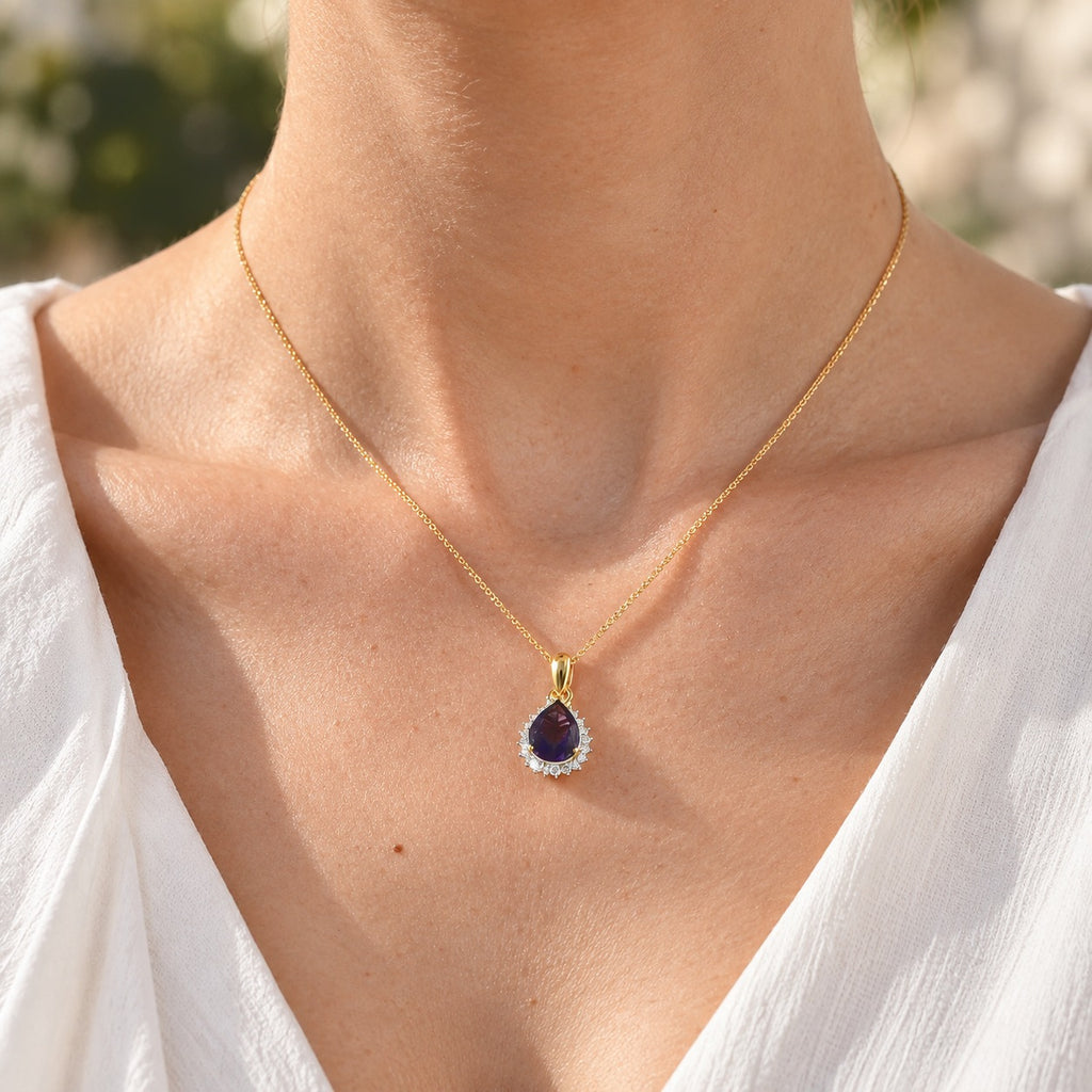 Luxuriant - AAA Zambian Amethyst & Lab Grown Diamond (SI/G-H) Halo Pendant with Chain (Size 20) in 18K Vermeil Yellow Gold Plated Sterling Silver 2.40_4531312_1