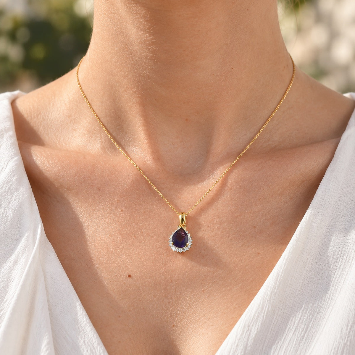 Luxuriant - AAA Zambian Amethyst &amp; Lab Grown Diamond (SI-G-H) Halo Pendant with Chain (Size 20) in 18K Vermeil Yellow Gold Plated Sterling Silver 2.40 4531312 1
