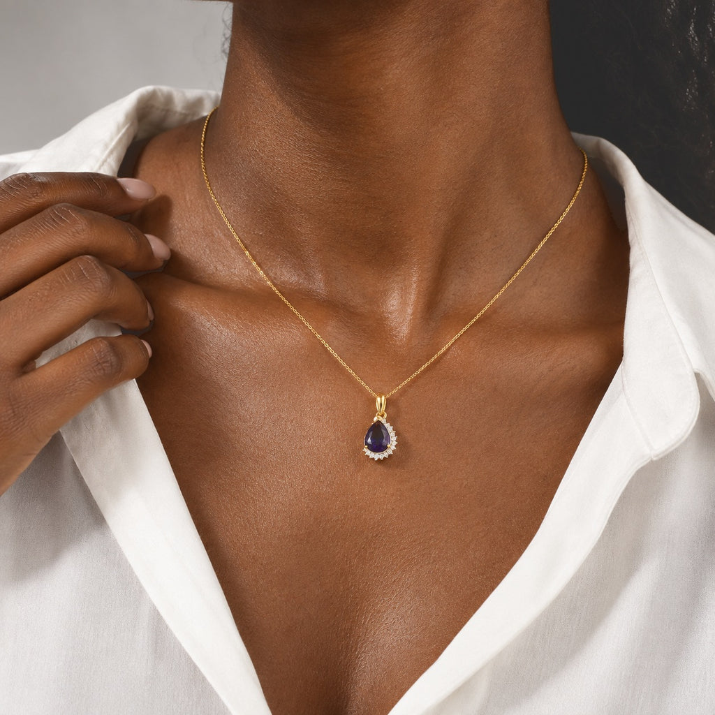Luxuriant - AAA Zambian Amethyst & Lab Grown Diamond (SI/G-H) Halo Pendant with Chain (Size 20) in 18K Vermeil Yellow Gold Plated Sterling Silver 2.40_4531312_2