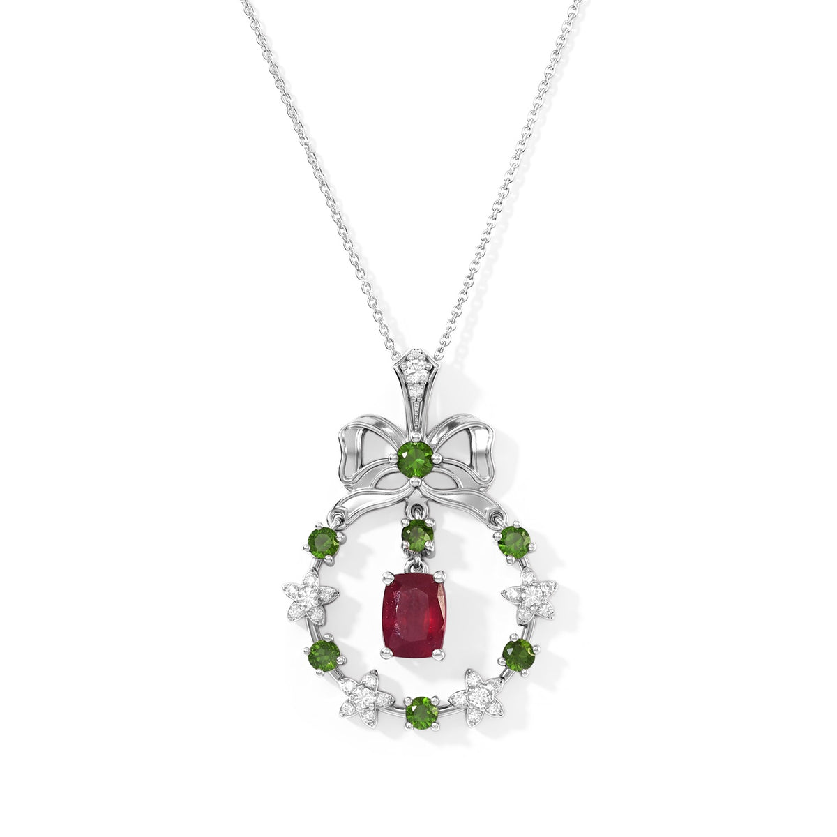 African Ruby,  Natural Chrome Diopside,  White Zircon Pendant with Torn Chain 19DC (Size 20) in Rhodium Overlay Sterling Silver 1.32 ct  Silver Wt. 5.35 Gms  3.520  Ct. 4531496 0