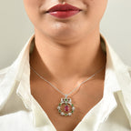 African Ruby,  Natural Chrome Diopside,  White Zircon Pendant with Torn Chain 19DC (Size 20) in Rhodium Overlay Sterling Silver 1.32 ct  Silver Wt. 5.35 Gms  3.520  Ct._4531496_1