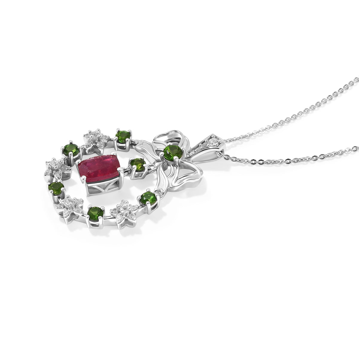 African Ruby,  Natural Chrome Diopside,  White Zircon Pendant with Torn Chain 19DC (Size 20) in Rhodium Overlay Sterling Silver 1.32 ct  Silver Wt. 5.35 Gms  3.520  Ct. 4531496 3