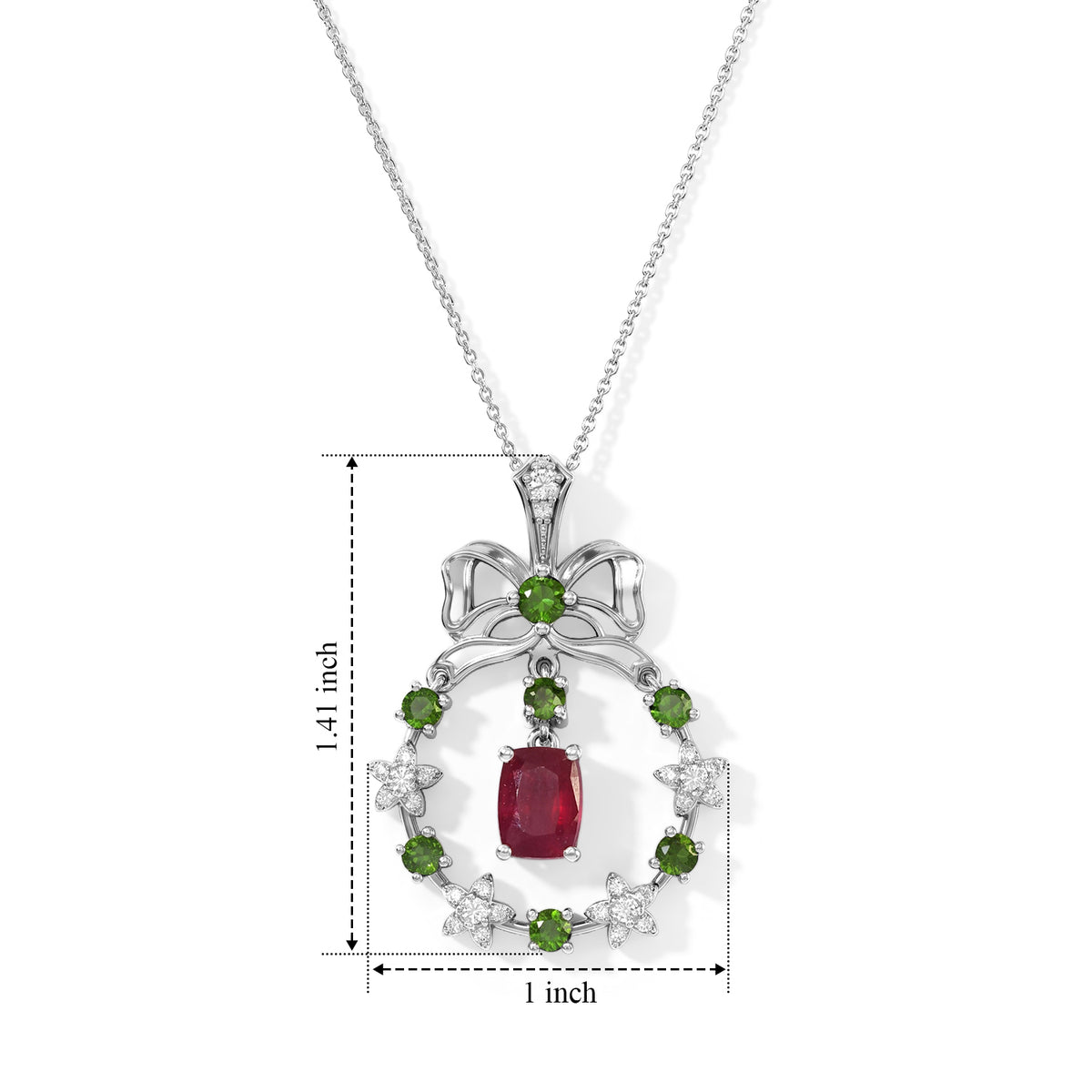 African Ruby,  Natural Chrome Diopside,  White Zircon Pendant with Torn Chain 19DC (Size 20) in Rhodium Overlay Sterling Silver 1.32 ct  Silver Wt. 5.35 Gms  3.520  Ct. 4531496 5
