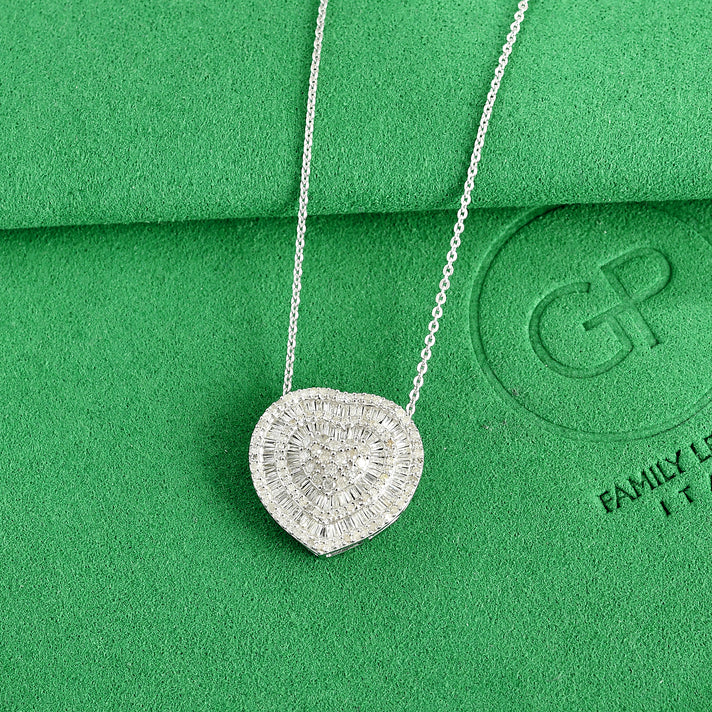 GP - Natural White Diamond &amp; Blue Sapphire Cluster Heart Pendant with Chain (Size - 20) in Rhodium Overlay Sterling Silver 0.85 Ct. 4531668 2