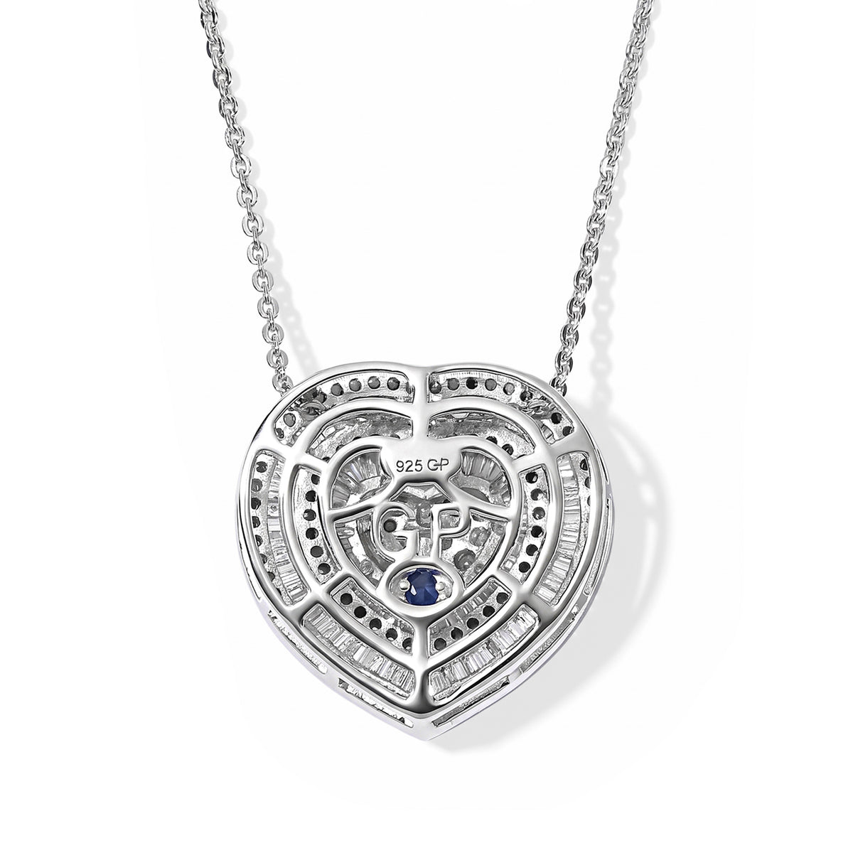 GP - Natural White Diamond &amp; Blue Sapphire Cluster Heart Pendant with Chain (Size - 20) in Rhodium Overlay Sterling Silver 0.85 Ct. 4531668 5
