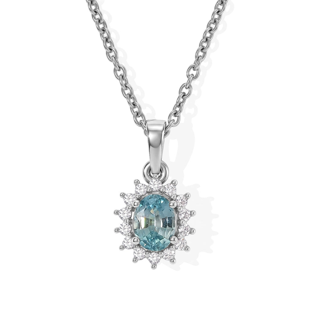 Luxuriant - Blue Zircon & Lab Grown Diamond (SI/G-H) Sunburst Halo Pendant in Platinum Overlay Sterling Silver with Chain (Size 20) 1.27 Ct._4532126