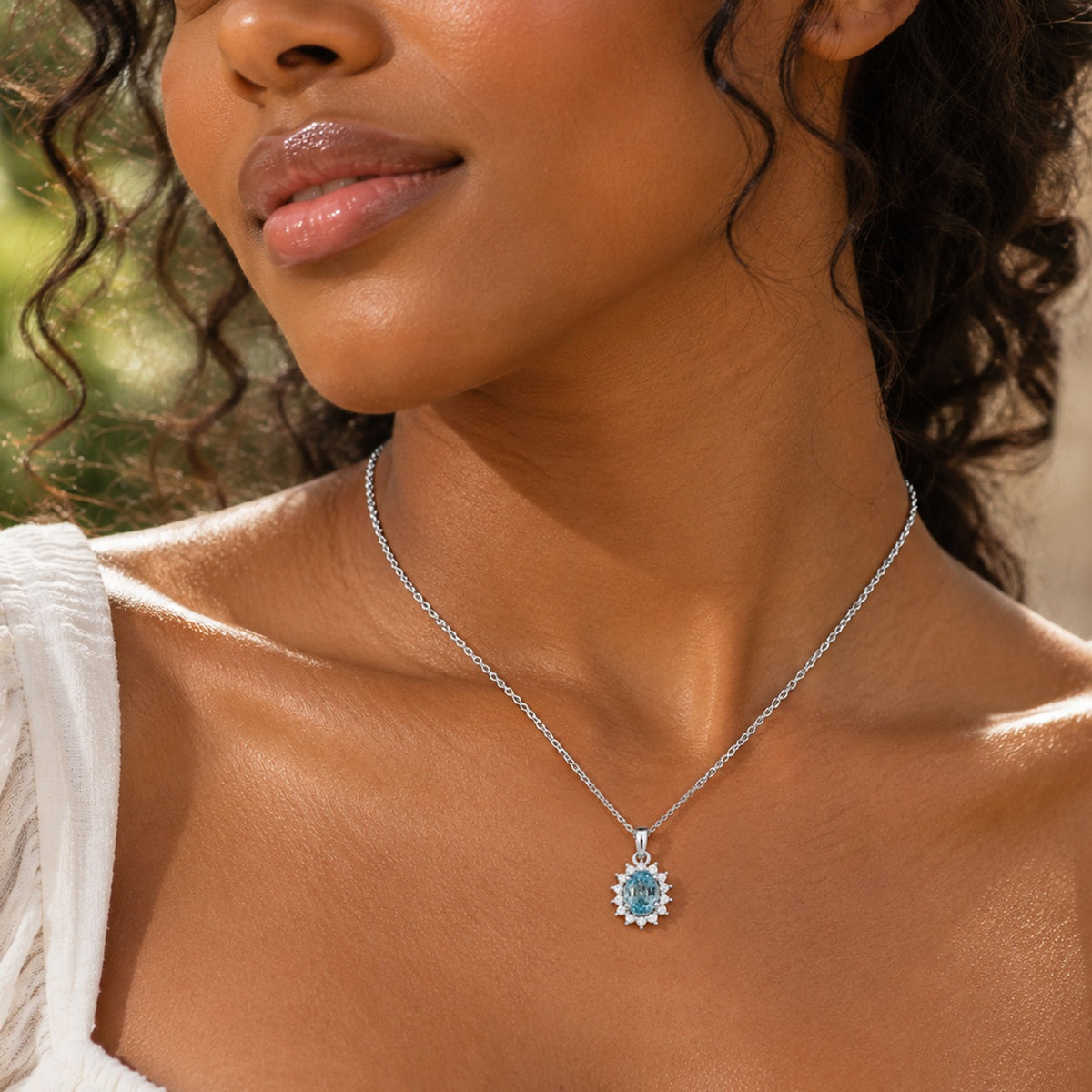 Luxuriant - Blue Zircon &amp; Lab Grown Diamond (SI-G-H) Sunburst Halo Pendant in Platinum Overlay Sterling Silver with Chain (Size 20) 1.27 Ct. 4532126 1