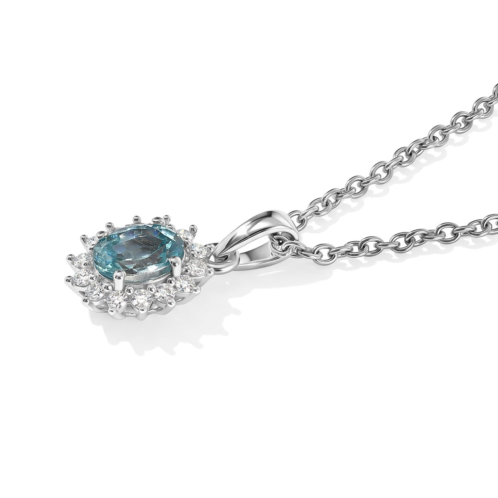 Luxuriant - Blue Zircon & Lab Grown Diamond (SI/G-H) Sunburst Halo Pendant in Platinum Overlay Sterling Silver with Chain (Size 20) 1.27 Ct._4532126_3