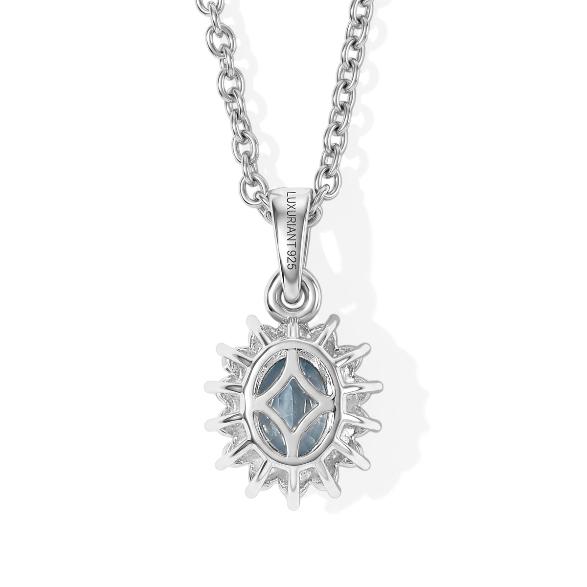 Luxuriant - Blue Zircon &amp; Lab Grown Diamond (SI-G-H) Sunburst Halo Pendant in Platinum Overlay Sterling Silver with Chain (Size 20) 1.27 Ct. 4532126 4