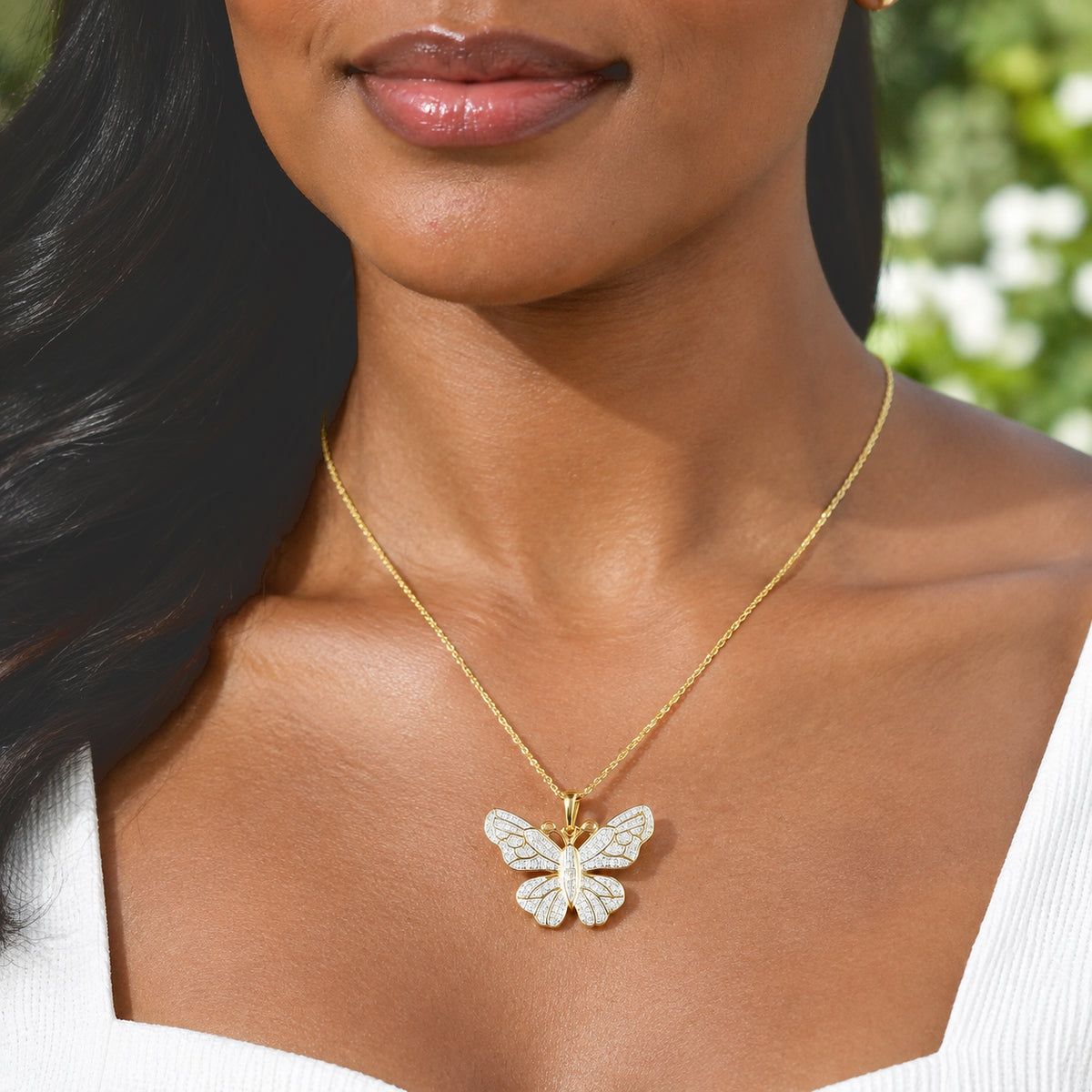 EverTrue - Natural White Diamond Butterfly Pendant with Chain (Size 20) in Yellow Gold Tone 4532249 1