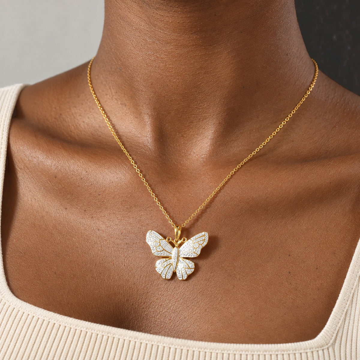 EverTrue - Natural White Diamond Butterfly Pendant with Chain (Size 20) in Yellow Gold Tone 4532249 2