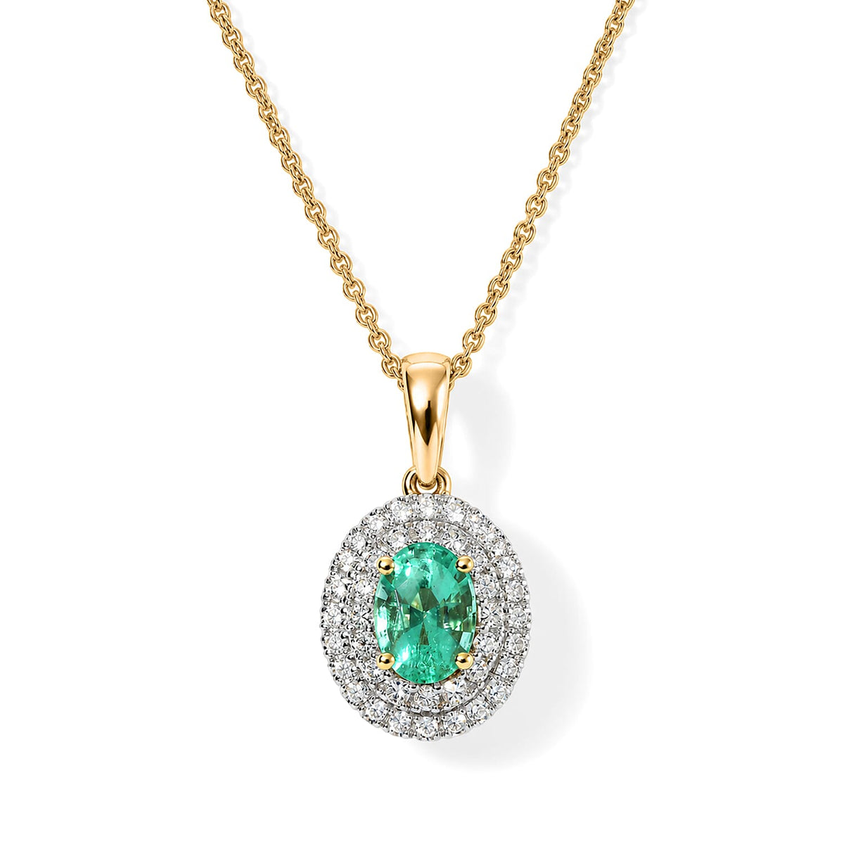 Luxoro - 9K Yellow Gold AAA Colombian Emerald &amp; Natural White Diamond Halo Pendant with Chain (Size 18) 1.10 Ct, Gold Wt. 3.90 Gms 4532310 0