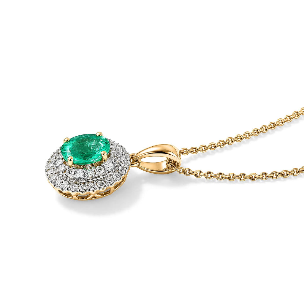 Luxoro - 9K Yellow Gold AAA Colombian Emerald & Natural White Diamond Halo Pendant with Chain (Size 18) 1.10 Ct, Gold Wt. 3.90 Gms_4532310_3