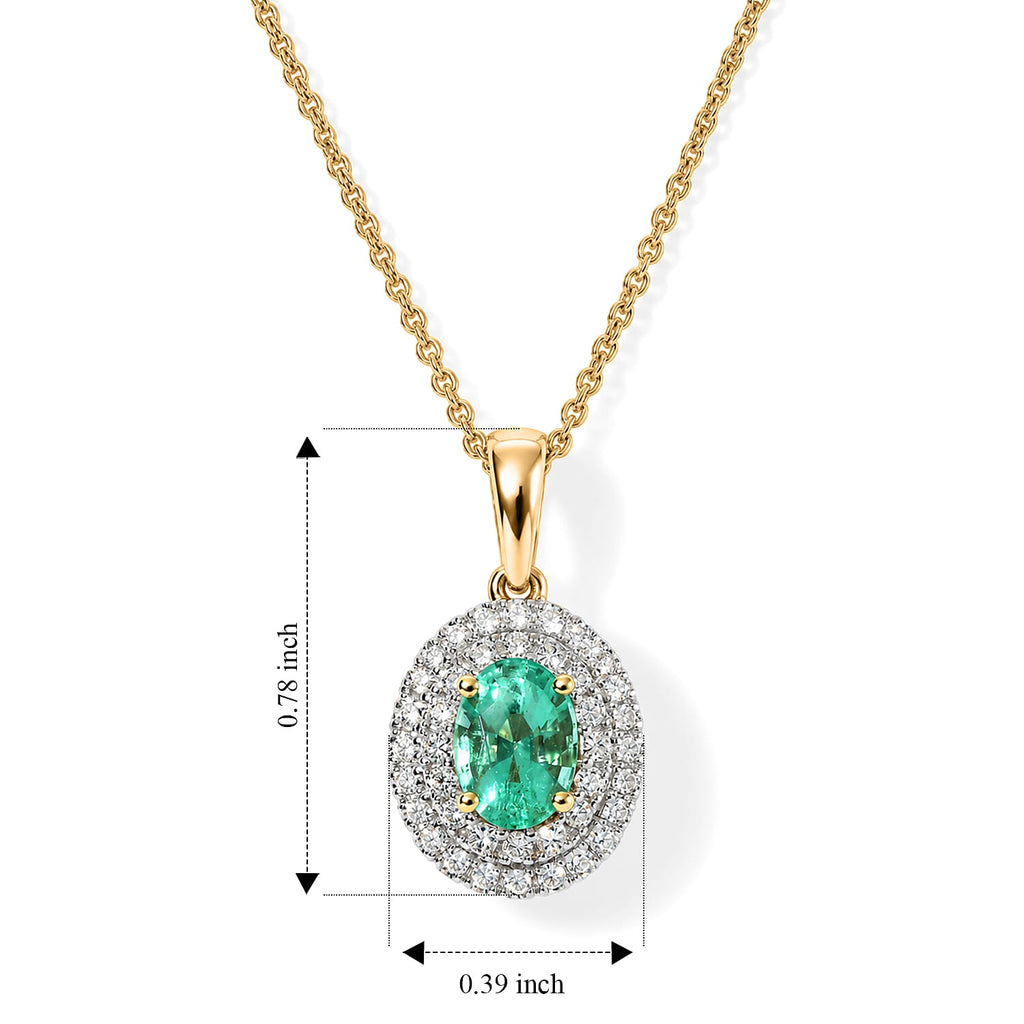 Luxoro - 9K Yellow Gold AAA Colombian Emerald & Natural White Diamond Halo Pendant with Chain (Size 18) 1.10 Ct, Gold Wt. 3.90 Gms_4532310_5
