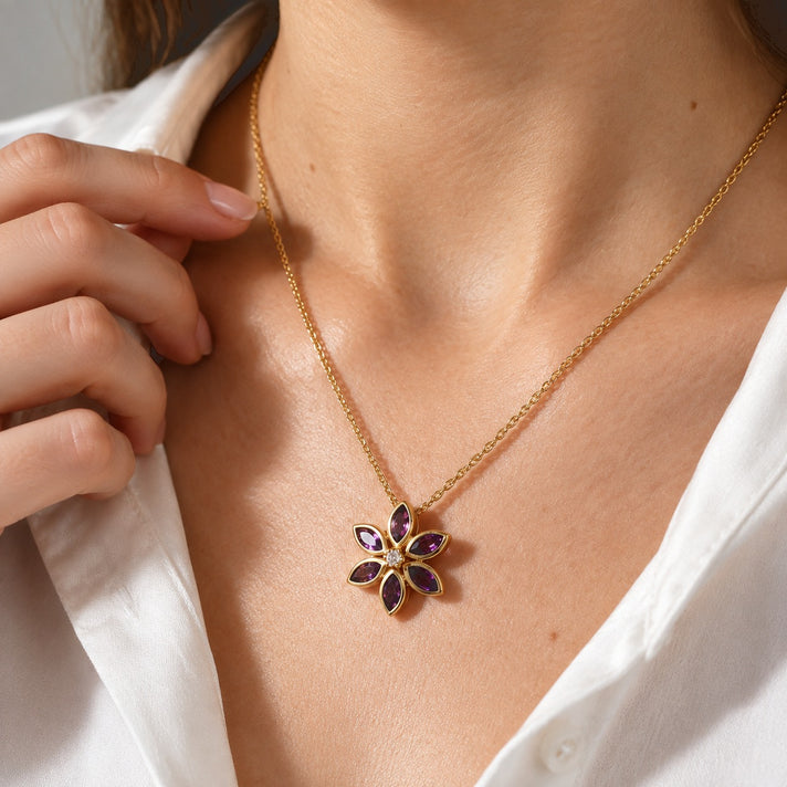 Luxuriant - AAA Zambian Amethyst &amp; Lab Grown Diamond (SI/G-H) Floral Pendant in Yellow Gold Plated Sterling Silver with Chain (Size 20) 1.40 Ct. 4532768 2