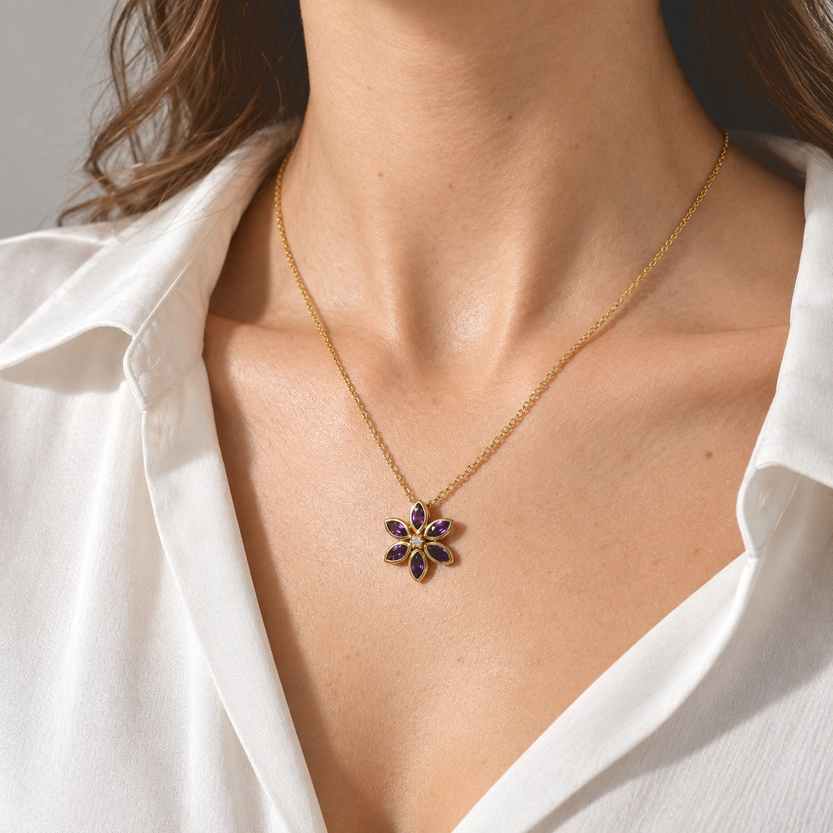 Luxuriant - AAA Zambian Amethyst &amp; Lab Grown Diamond (SI-G-H) Floral Pendant in Yellow Gold Plated Sterling Silver with Chain (Size 20) 1.40 Ct. 4532768 2