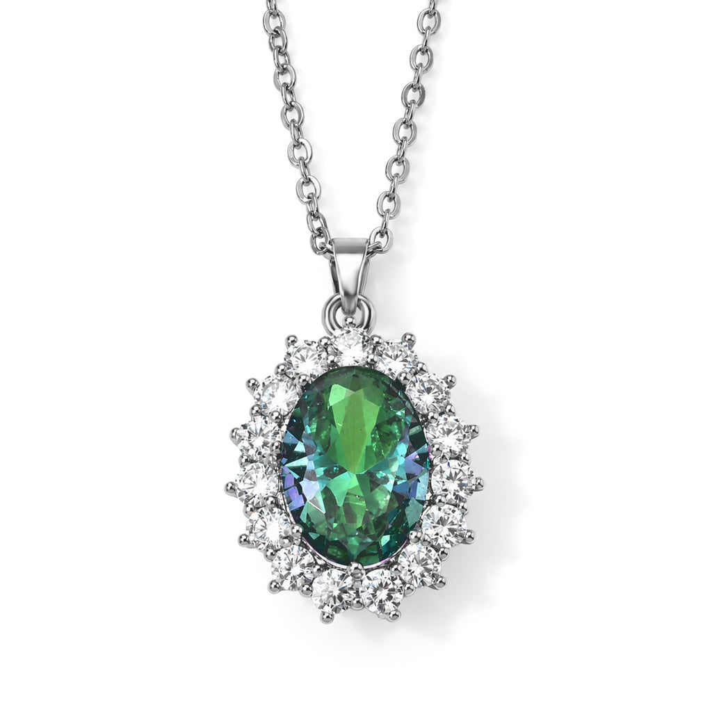 White Cubic Zirconia & White Mystic Color Glass Halo Pendant with Chain (Size 20+2 Ext) 1.00 Ct._4532896
