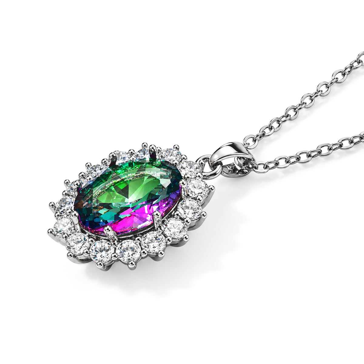 White Cubic Zirconia &amp; White Mystic Color Glass Halo Pendant with Chain (Size 20-2 Ext) 1.00 Ct. 4532896 3
