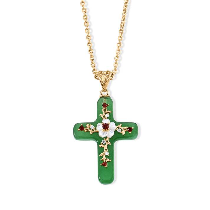 D'Joy - Dyed Green Jade, White Mother Of Pearl, Red Garnet &amp; Moissanite Floral Cross Pendant in Yellow Gold Plated Sterling Silver with Chain (Size 20) 12.00 Ct. 4533228 1