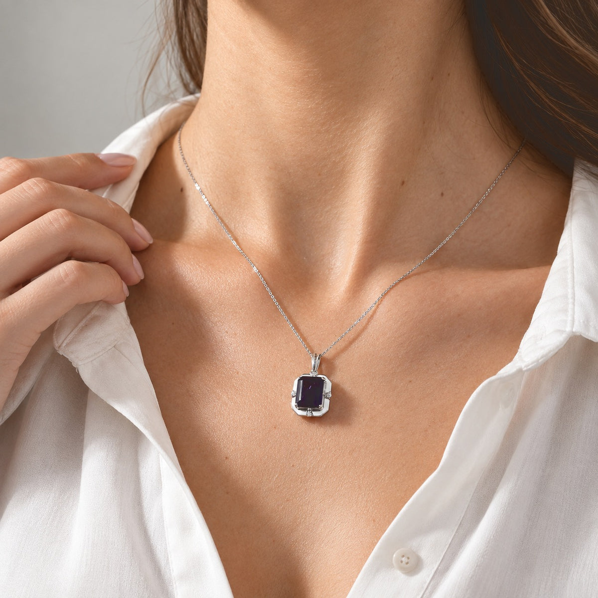 D'Joy - AAA Zambian Amethyst &amp; Moissanite Pendant with Chain (Size 20) in Rhodium Overlay Sterling Silver 6.00 Ct. 4533383 1