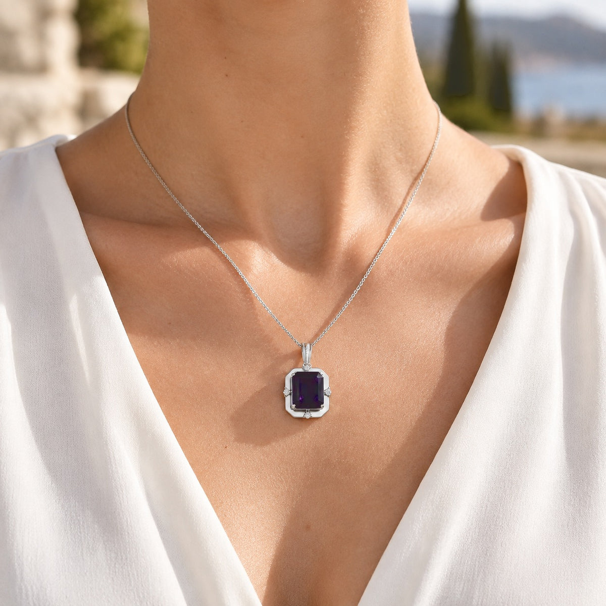 D'Joy - AAA Zambian Amethyst &amp; Moissanite Pendant with Chain (Size 20) in Rhodium Overlay Sterling Silver 6.00 Ct. 4533383 2
