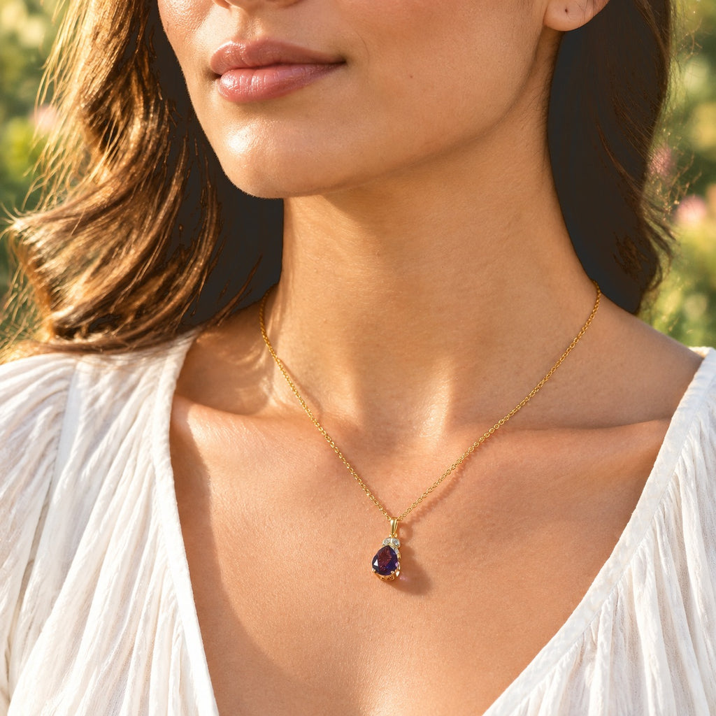 D'Joy - AAA Zambian Amethyst & White Zircon Pendant in Yellow Gold Plated Sterling Silver with Chain (Size 20) 2.20 Ct._4534138_1