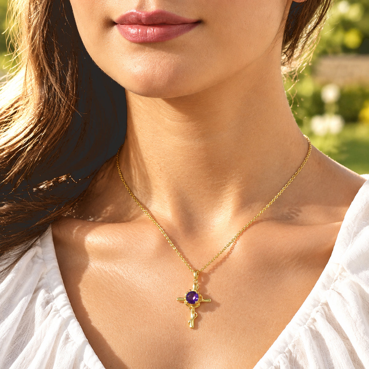 D'Joy - AAA Zambian Amethyst Cross Pendant in Yellow Gold Plated Sterling Silver with Chain (Size 20) 1.20 Ct. 4534497 1