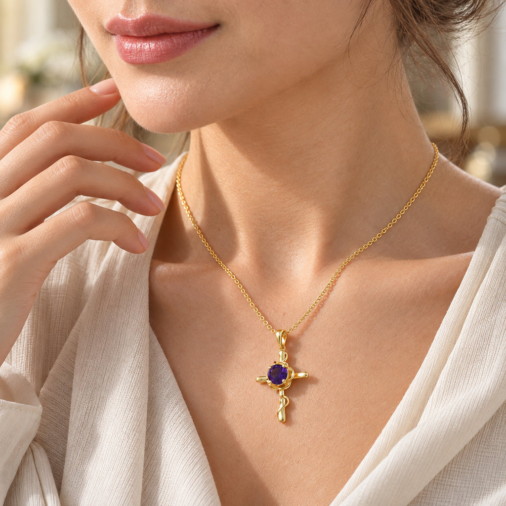 D'Joy - AAA Zambian Amethyst Cross Pendant in Yellow Gold Plated Sterling Silver with Chain (Size 20) 1.20 Ct._4534497_2
