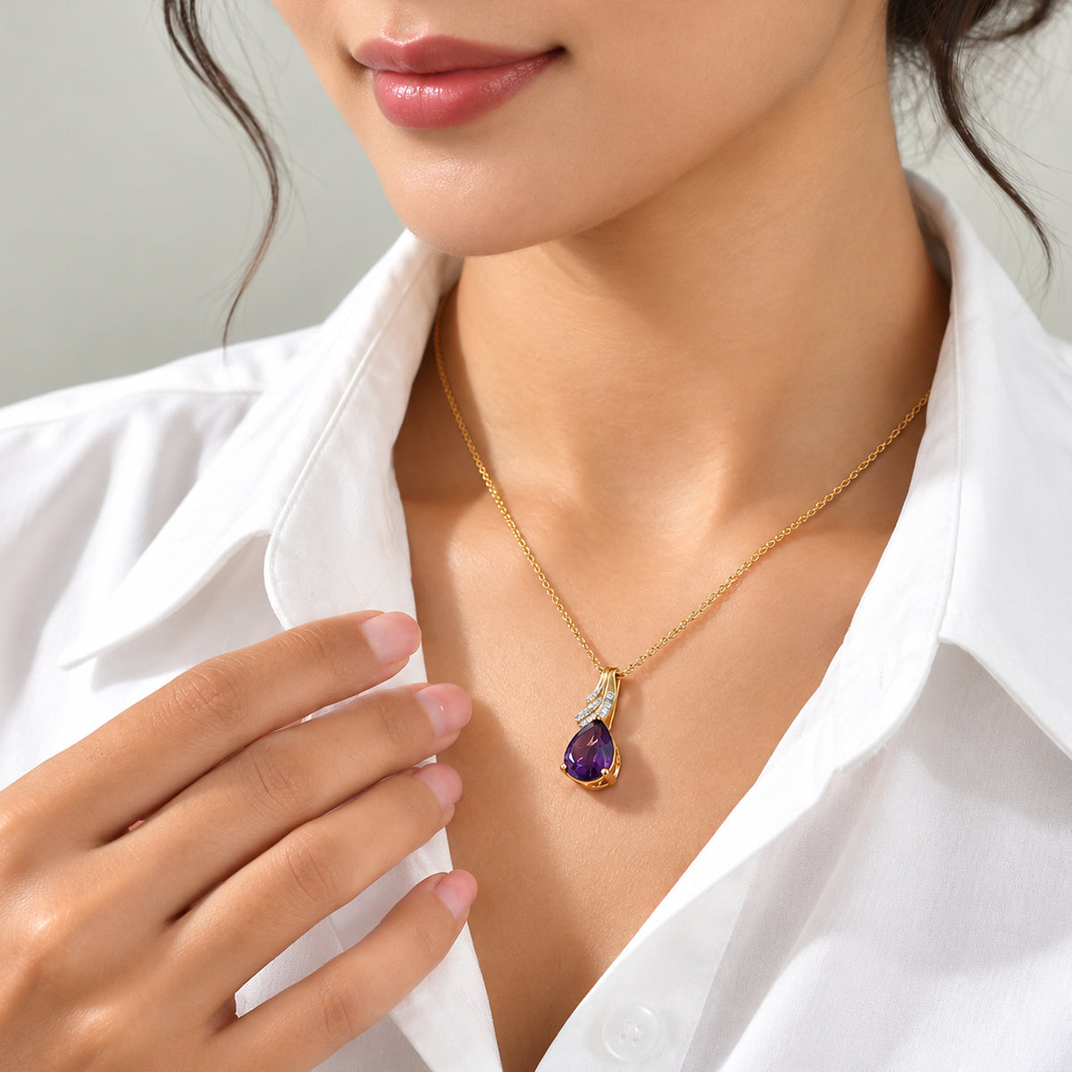 D'Joy - AAA Zambian Amethyst &amp; White Zircon Pendant in Yellow Gold Plated Sterling Silver with Chain (Size 20) 2.30 Ct. 4534637 1