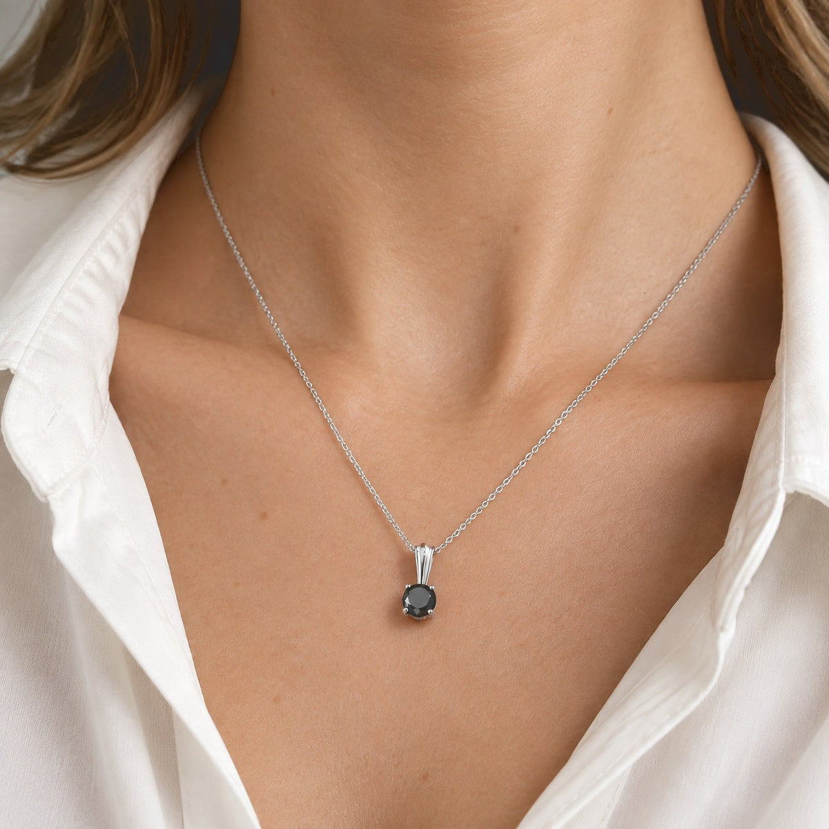 D'Joy - Black Diamond Solitaire Pendant with Chain (Size 20) in Rhodium Overlay Sterling Silver 1.00 Ct. 4535251 1