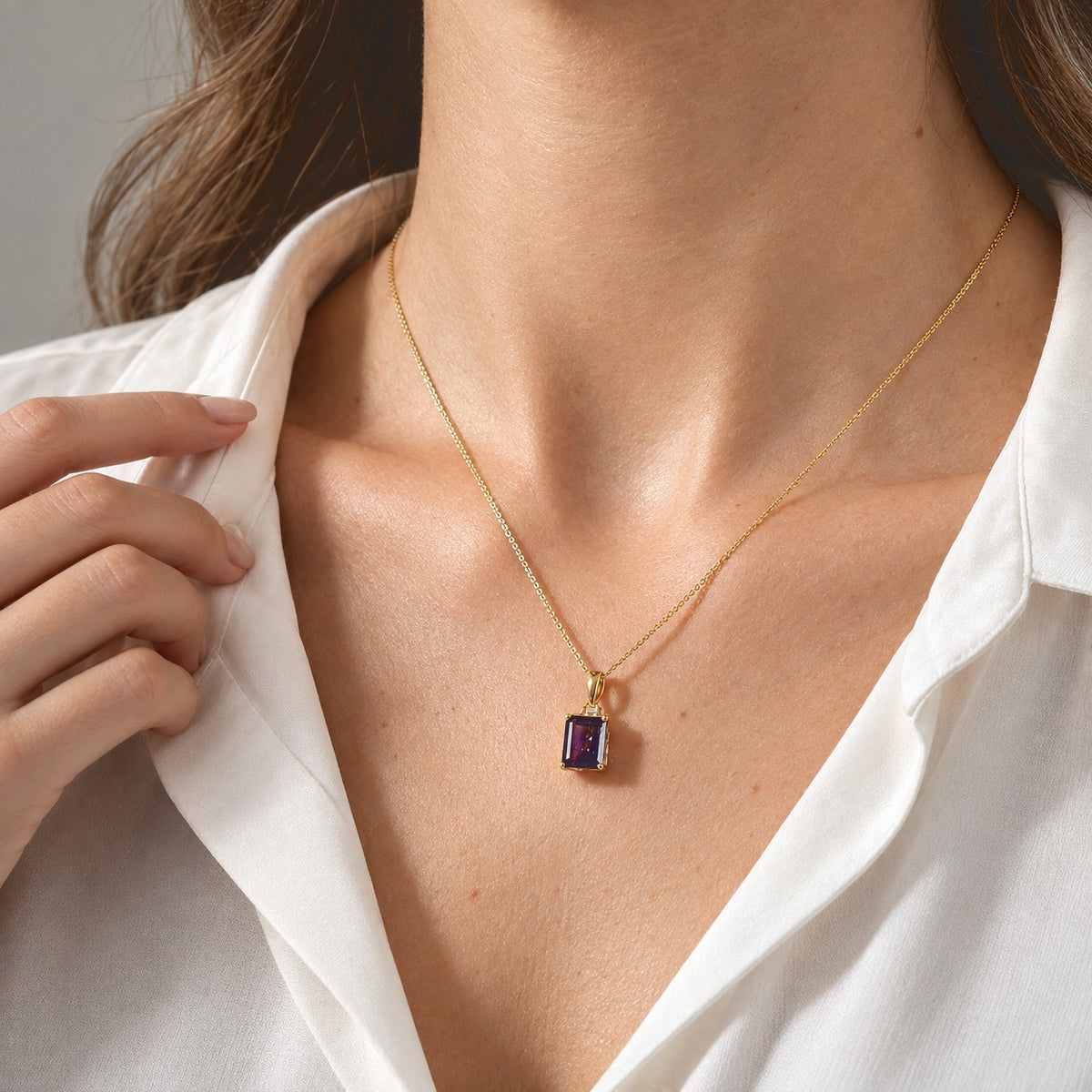 Luxuriant - AAA Zambian Amethyst &amp; Lab Grown Diamond (SI-G-H) Pendant with Chain (Size 20) in 18K Vermeil Yellow Gold Plated Sterling Silver 3.40 Ct. 4535659 1