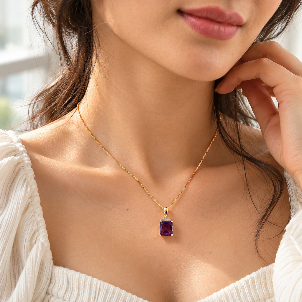 Luxuriant - AAA Zambian Amethyst & Lab Grown Diamond (SI/G-H) Pendant with Chain (Size 20) in 18K Vermeil Yellow Gold Plated Sterling Silver 3.40 Ct._4535659_2