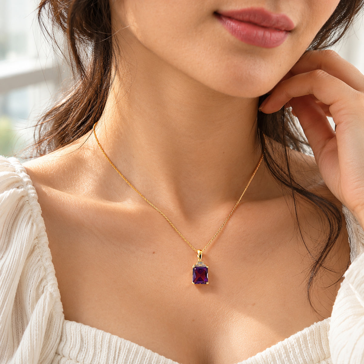 Luxuriant - AAA Zambian Amethyst &amp; Lab Grown Diamond (SI-G-H) Pendant with Chain (Size 20) in 18K Vermeil Yellow Gold Plated Sterling Silver 3.40 Ct. 4535659 2