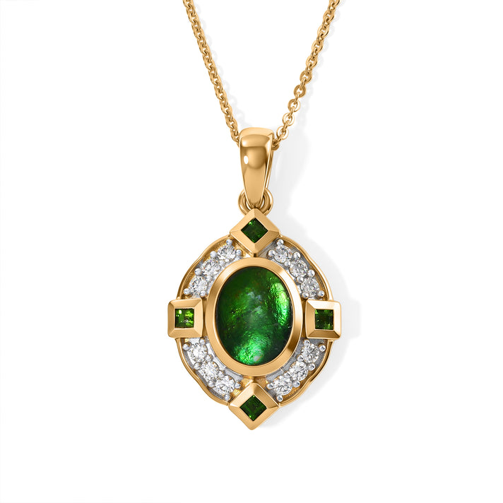 D'Joy - Ammolite, White Zircon &amp; Natural Chrome Diopside Halo Pendant with Chain (Size 20) in 18K Vermeil Yellow Gold Plated Sterling Silver 2.45 Ct. 4537801 1
