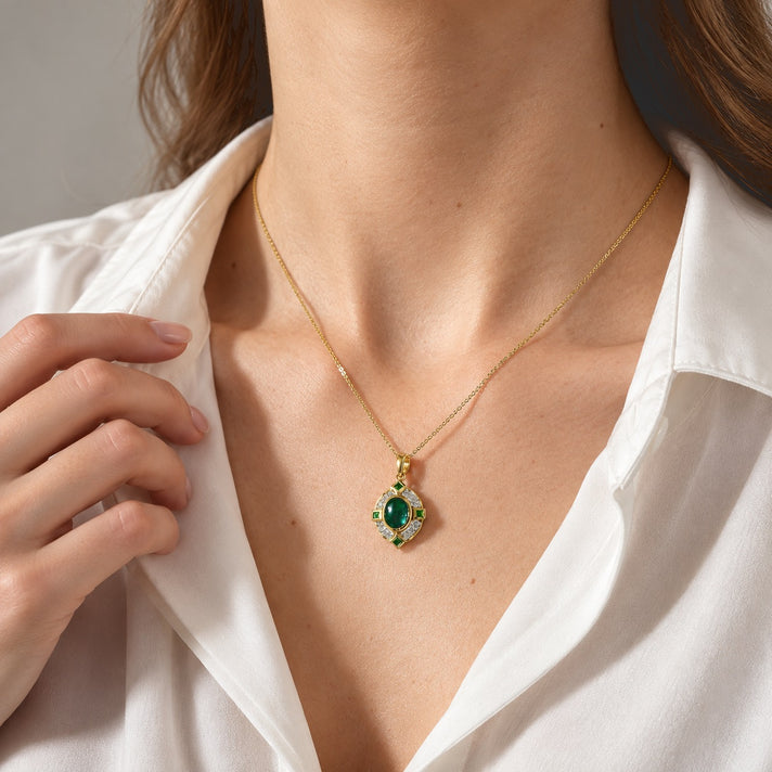 D'Joy - Ammolite, White Zircon &amp; Natural Chrome Diopside Halo Pendant with Chain (Size 20) in 18K Vermeil Yellow Gold Plated Sterling Silver 2.45 Ct. 4537801 2