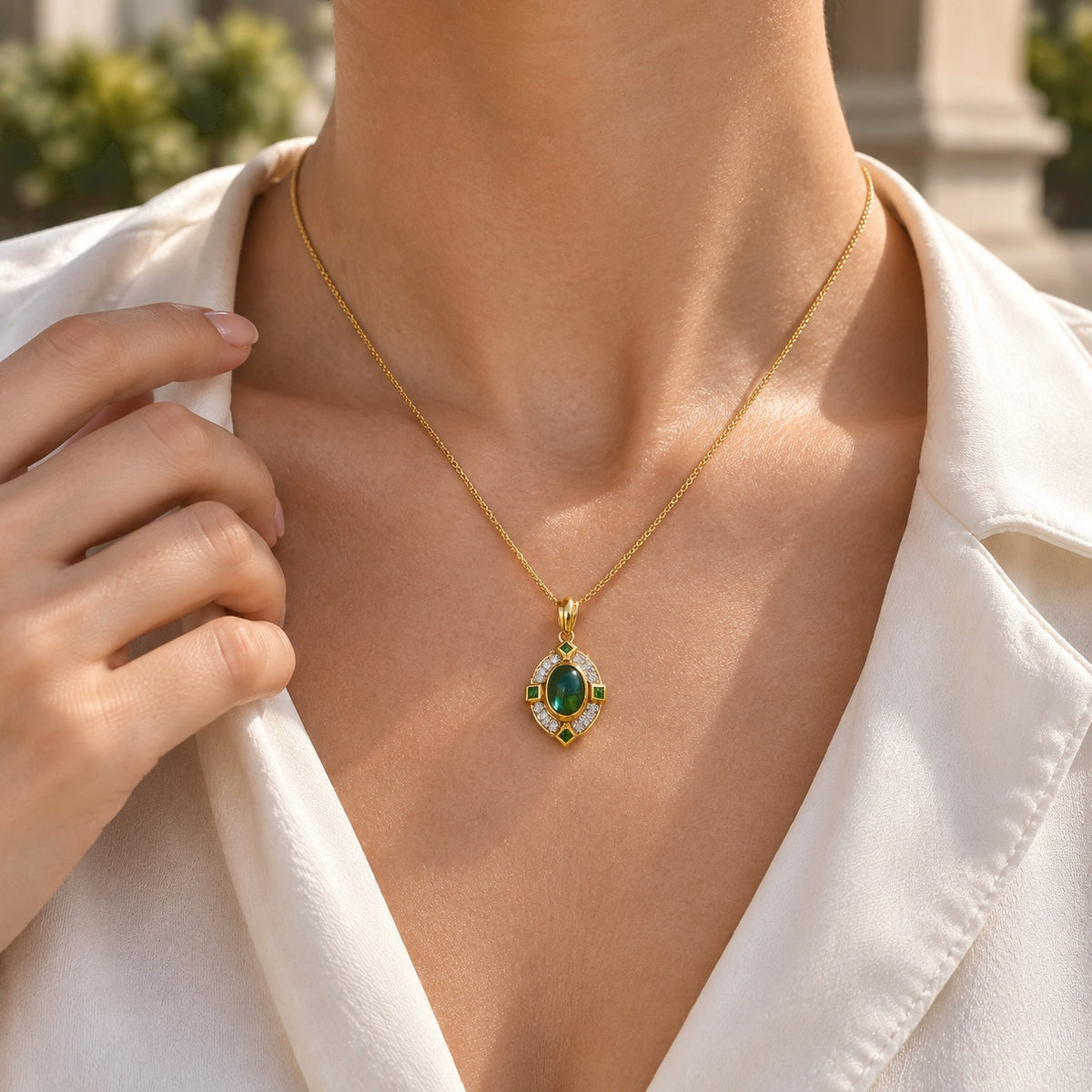 D'Joy - Ammolite, White Zircon &amp; Natural Chrome Diopside Pendant with Chain (Size 20) in 18K Vermeil Yellow Gold Plated Sterling Silver 2.45 Ct. 4537801 2