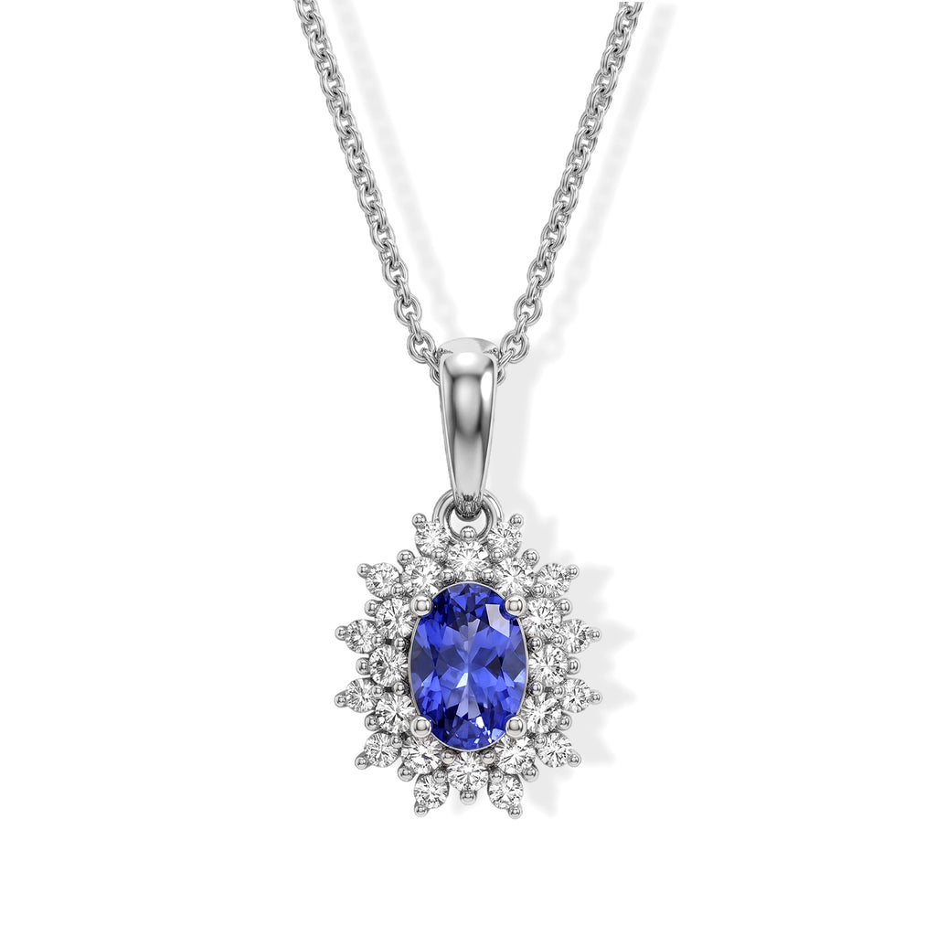 D'Joy - Tanzanite & White Zircon Halo Pendant with Chain (Size 20) in Platinum Overlay Sterling Silver_4537807