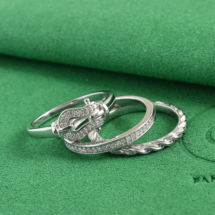 GP - Set of 3 - Natural White Diamond &amp; Blue Sapphire Stackable Ring in Rhodium Overlay Sterling Silver 4537941 2