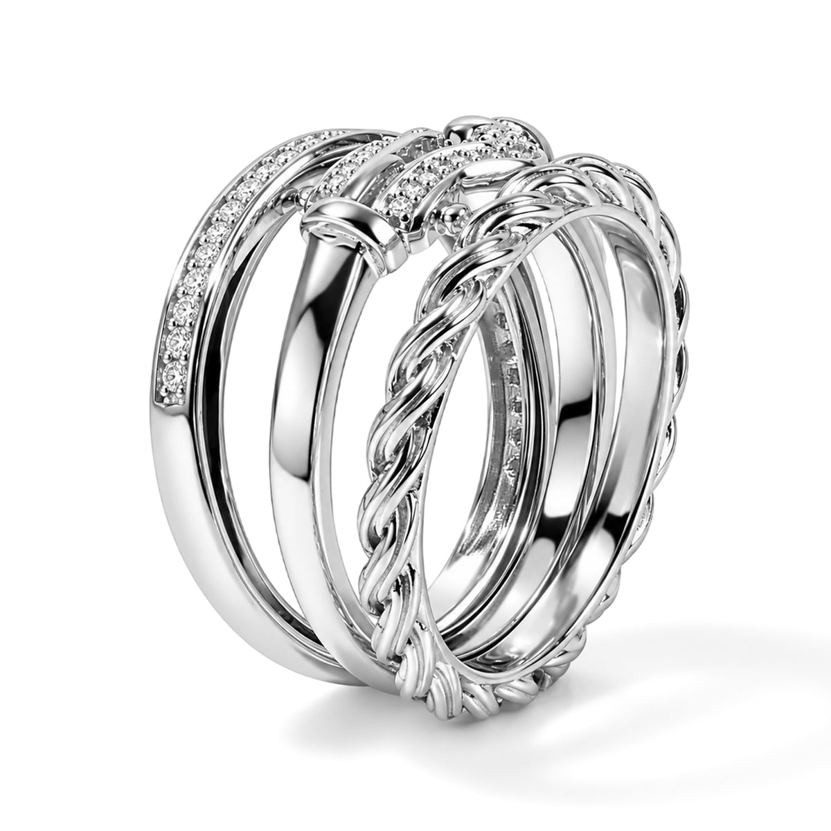 Set of 3 -  White Diamond  Kanchanaburi Blue Sapphire Stackable Ring in Rhodium Overlay Sterling Silver 0.06 ct  Silver Wt. 6 Gms  0.233  Ct. 4537942 5