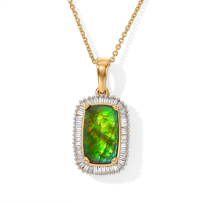 D'Joy - Ammolite &amp; Natural White Diamond Halo Pendant with Chain (Size 20) in 18K Vermeil Yellow Gold Plated Sterling Silver 3.30 Ct. 4538775 1