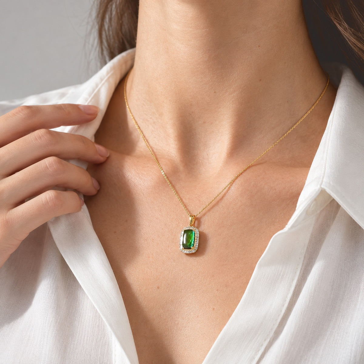 D'Joy - Ammolite &amp; Natural White Diamond Pendant with Chain (Size 20) in 18K Vermeil Yellow Gold Plated Sterling Silver 3.30 Ct. 4538775 1