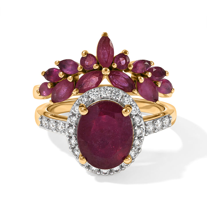 GP - Set of 2 - African Ruby, White Zircon &amp; Blue Sapphire Floral Stackable Ring in 18K Vermeil Yellow Gold Plated Sterling Silver 6.40 Ct. 4538809 1