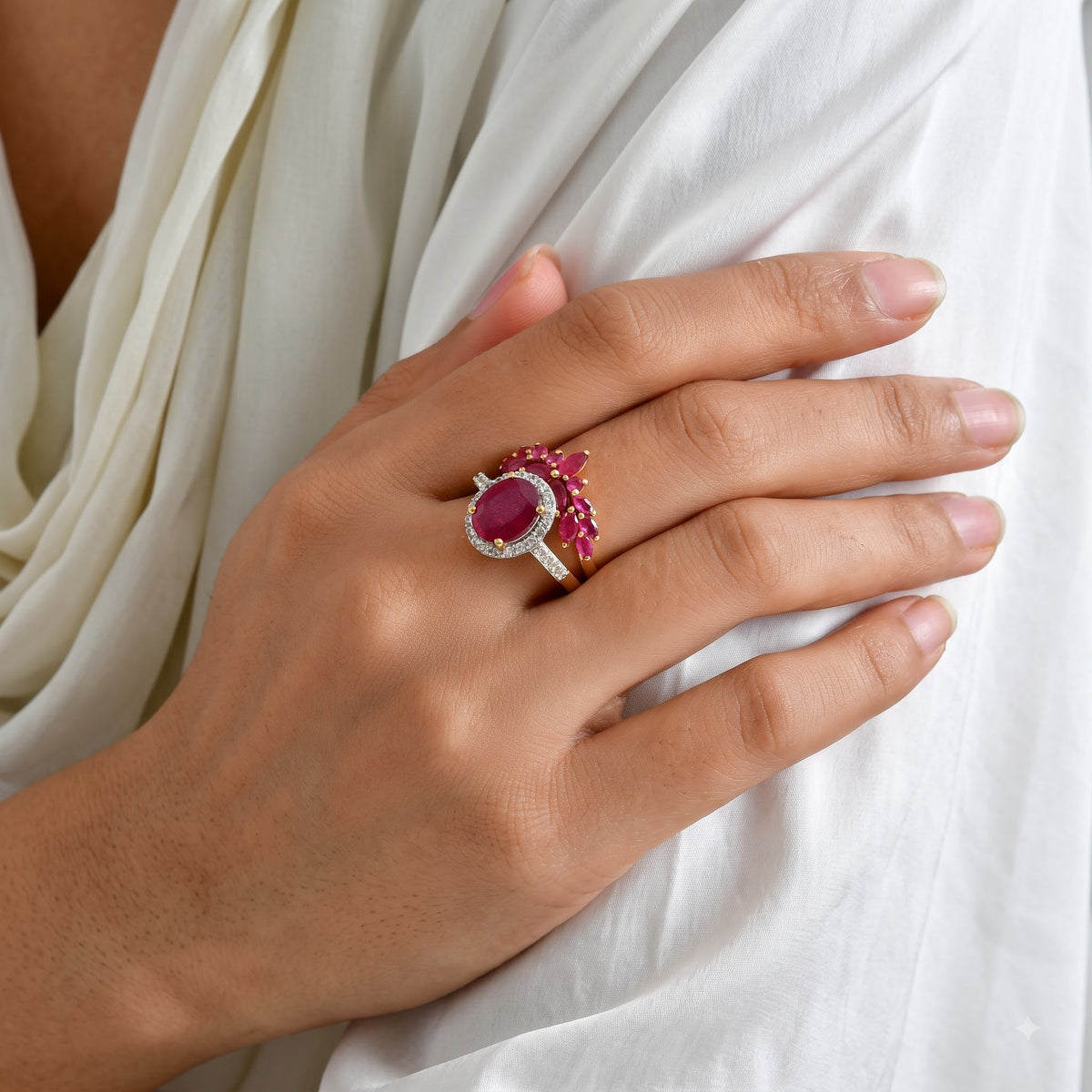 Set of 2 -  African Ruby,  White Zircon,  Kanchanaburi Blue Sapphire Stackable Ring in 18K YG Vermeil Sterling Silver 2.39 ct  Silver Wt. 6 Gms  6.383  Ct. 4538809 3