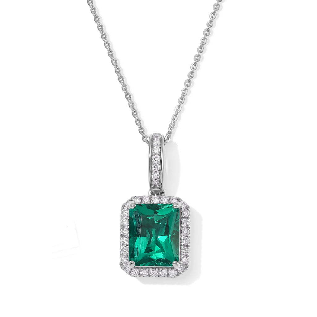 Luxuriant - AAA Lab Grown Columbian Emerald & Lab Grown Diamond (SI/G-H) Pendant with Chain (Size 20) in Rhodium Overlay Sterling Silver 3.30 Ct._4538924