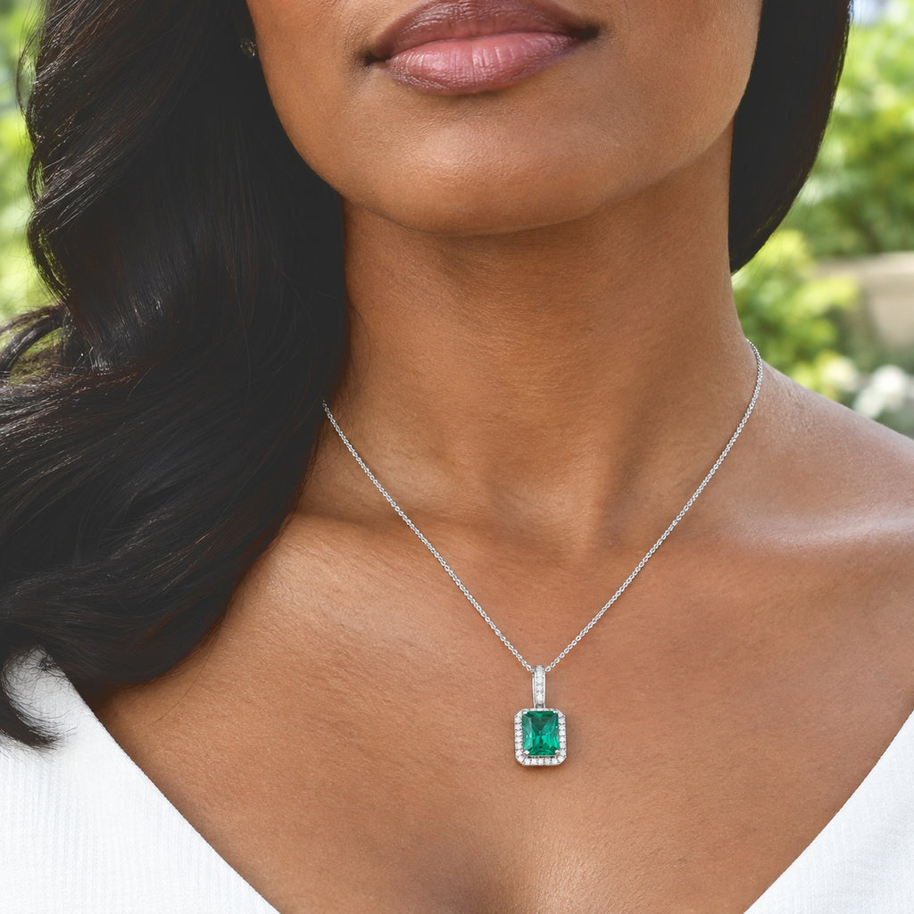 Luxuriant - AAA Lab Grown Columbian Emerald & Lab Grown Diamond (SI/G-H) Pendant with Chain (Size 20) in Rhodium Overlay Sterling Silver 3.30 Ct._4538924_1