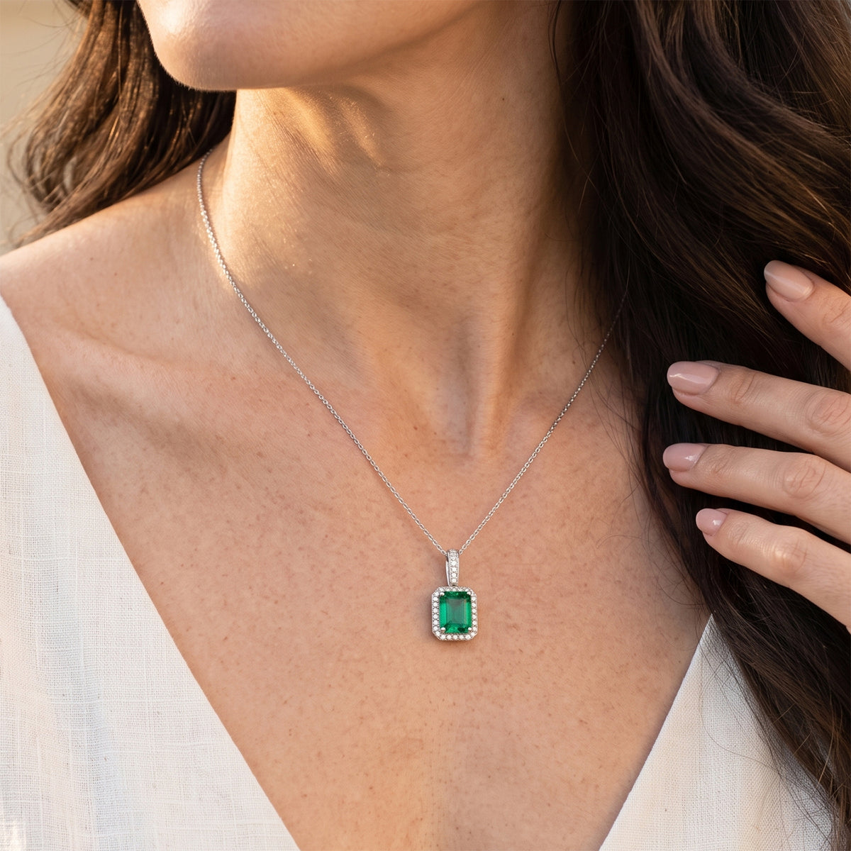 Luxuriant - AAA Lab Grown Columbian Emerald &amp; Lab Grown Diamond (SI-G-H) Pendant with Chain (Size 20) in Rhodium Overlay Sterling Silver 3.30 Ct. 4538924 2