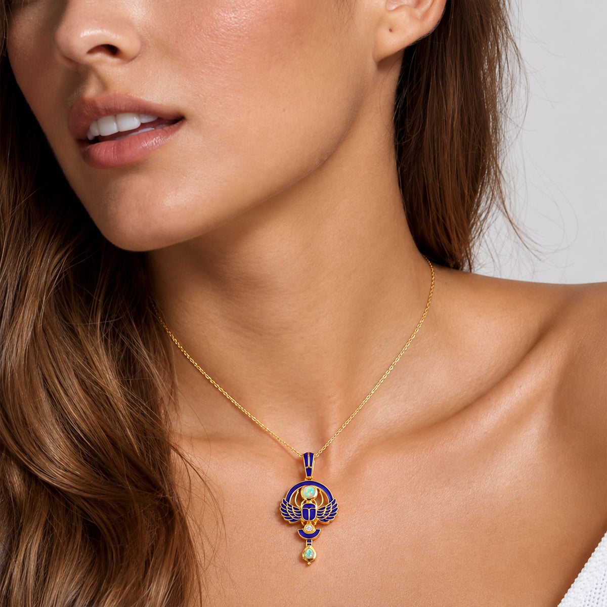 GP - AAA Ethiopian Opal, Blue Sapphire &amp; White Zircon Pendant with Chain (Size 20) in Yellow Gold Plated Sterling Silver 0.40 Ct. 4539128 3