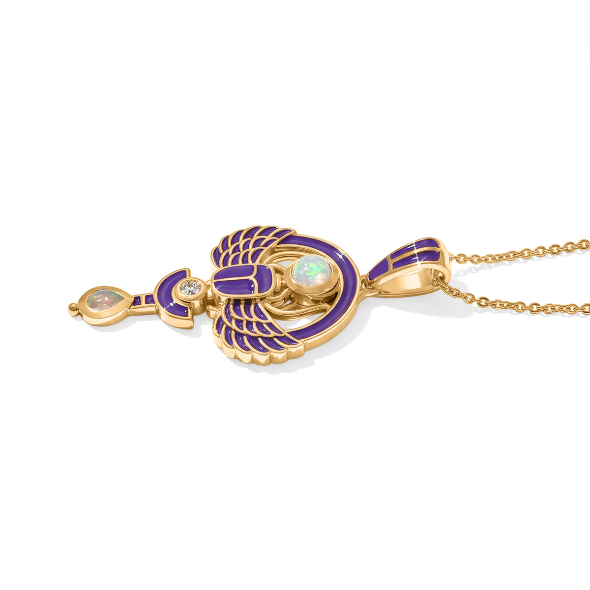 GP - AAA Ethiopian Opal, Blue Sapphire &amp; White Zircon Pendant with Chain (Size 20) in Yellow Gold Plated Sterling Silver 0.40 Ct. 4539128 4