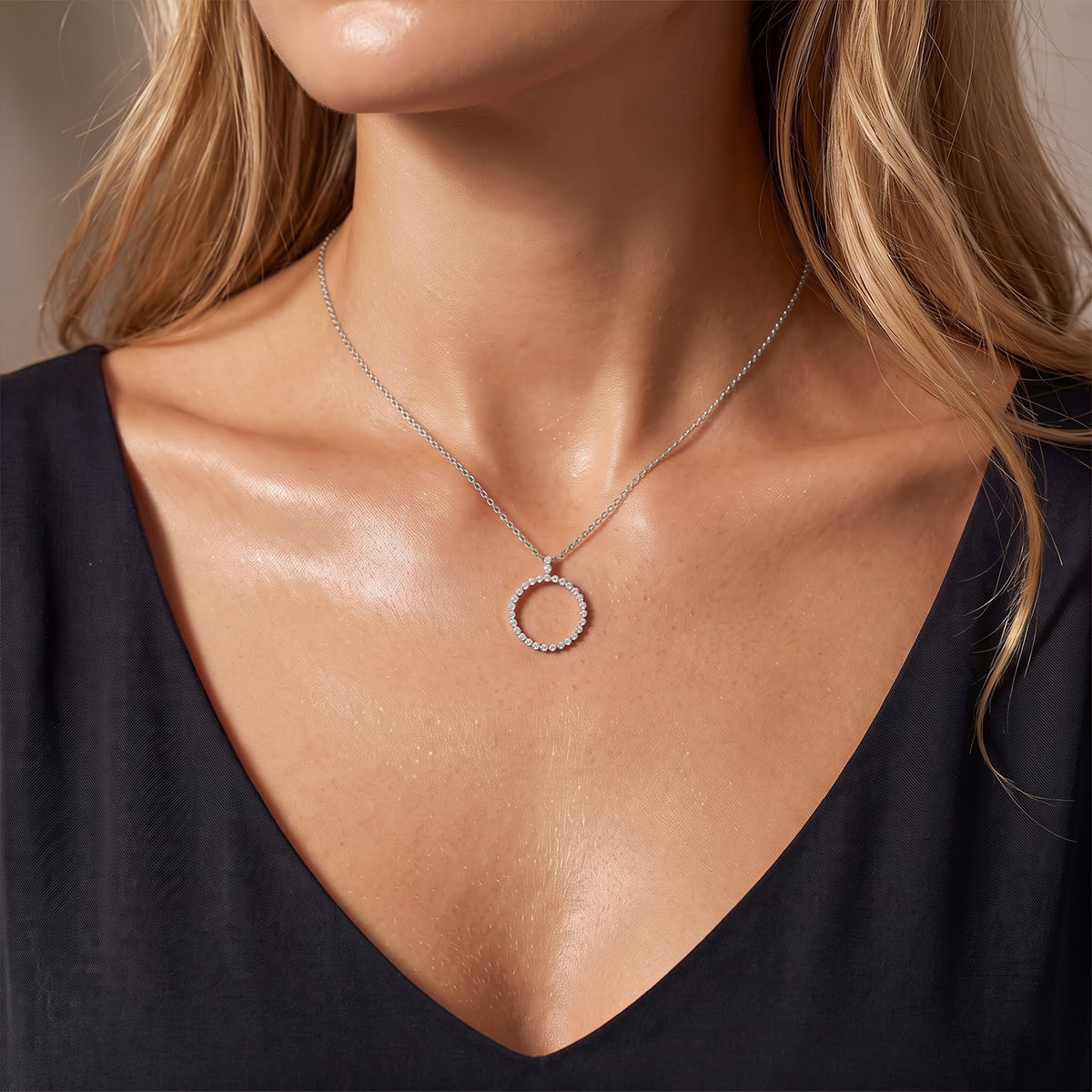 D'Joy - Natural White Diamond (I3-G-H) Circular Pendant with Chain (Size 18-2 Ext) in Rhodium Overlay Sterling Silver 1.00 Ct. 4539230 1
